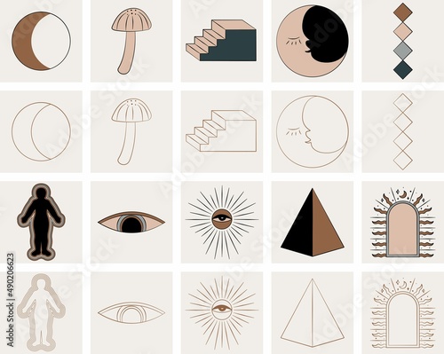 Set of Mystical Icons and Symbols in Vector. A collection of Boho Elements for Logo Design, Card,Print featuring Moon, Pyramid, Eye and Human Energy Field Illustration.