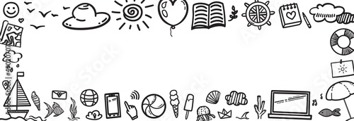 Hand drawn black holiday elements on white. Summer holidays. Freehand objects. Banner design. Black and white illustration