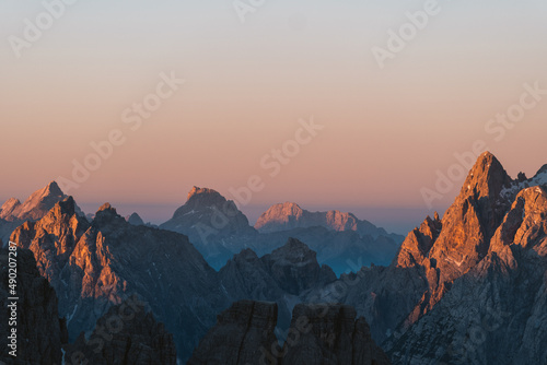 Beautiful scenery of mountain ranges in Dobbiaco, Dolomites during sunset