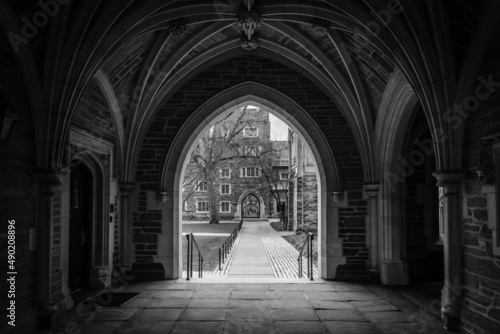 Canvas Print Black and white photograph of Princeton University's archways - part of Rockefel