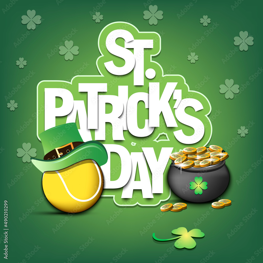 Fototapeta premium Happy St. Patrick's day. Tennis ball in leprechaun hat, pot with gold coins and clover. Pattern design for logo, banner, poster, greeting card. Vector illustration on isolated background
