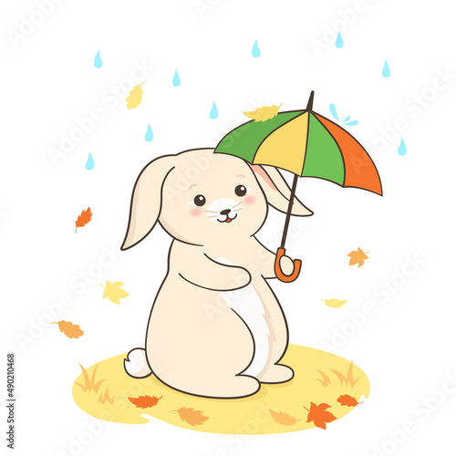 Rabbit walking under umbrella on autumn rainy postcard. Bunny or hare standing rainy weather day childish mascot symbol year. Seasonal outline flat cartoon vector illustration