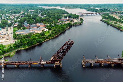 Aerial view of the famous Crook Point Bascule Bridge, a defunct Scherzer rolling lift railway bridge