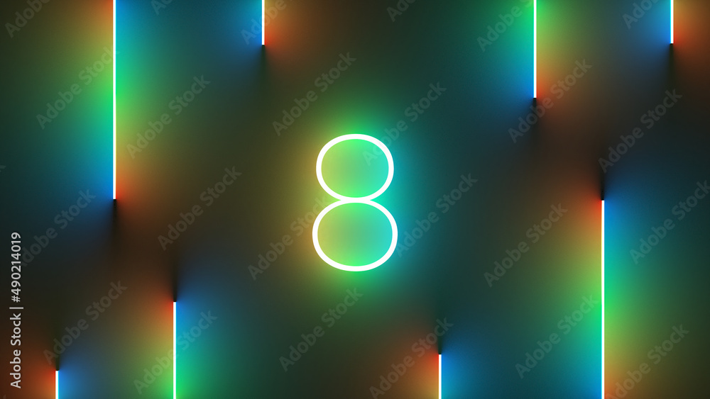 Illustration of bright number 8 with colorful neon lights - obrazy, fototapety, plakaty 