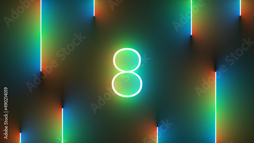 Illustration of bright number 8 with colorful neon lights photo