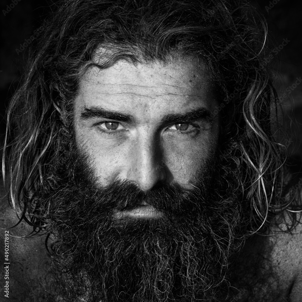 Black and white portrait of a man with long hair and beard Stock Photo ...