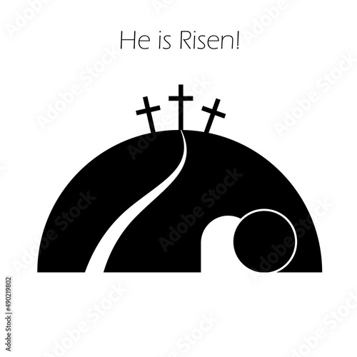 Cartoon cave three crosses. Happy easter. Vector illustration. stock image.