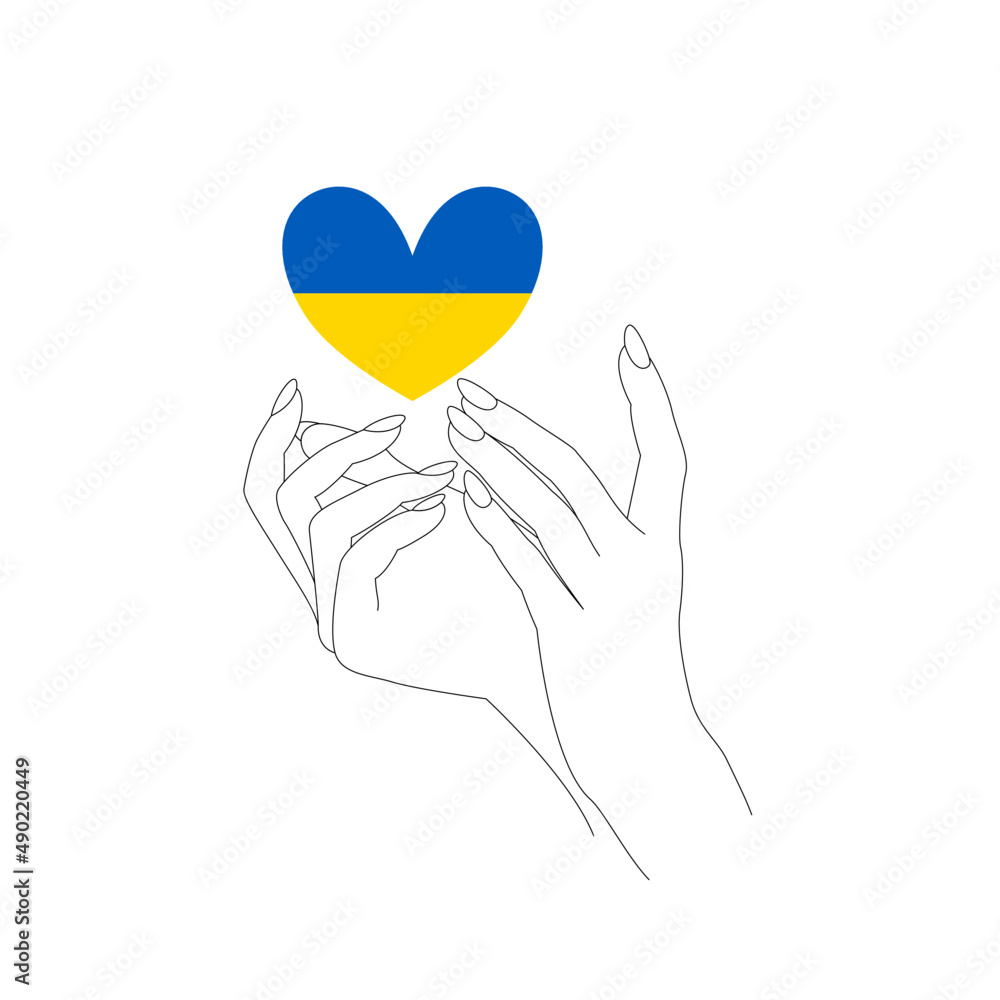 Kobiece dłonie i serce pomalowane w barwy Ukraińskiej flagi. Symbol nadziei i pokoju. Wsparcie. Ilustracja wektorowa. - obrazy, fototapety, plakaty 
