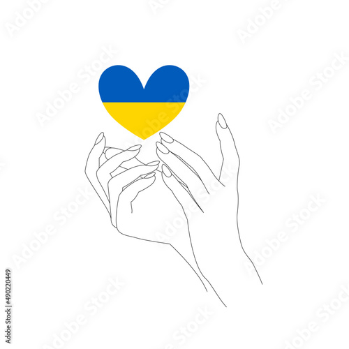 Kobiece dłonie i serce pomalowane w barwy Ukraińskiej flagi. Symbol nadziei i pokoju. Wsparcie. Ilustracja wektorowa.