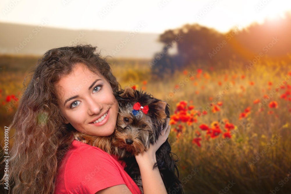A girl hugging cute dog in the field in summer day together. A girl hugging cute dog in the field in summer day together.