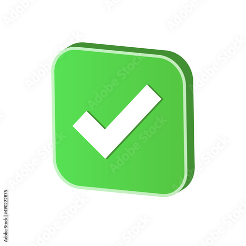 Modern 3D square verified icon. Green OK check approve vector art symbol.