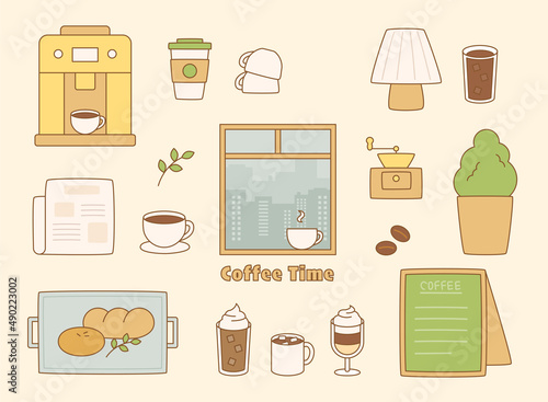 A collection of cafe interior objects. flat design style vector illustration.