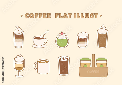 Cafe coffee menus. Variety of coffee mugs with coffee variation drinks. flat design style vector illustration.