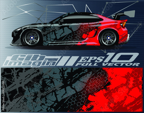 Car wrap design vector. Graphic abstract stripe racing background kit designs for wrap vehicle, race car, rally, adventure and livery