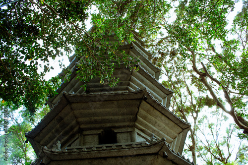 Buddhist Temple through tree branches in Naha City, Okinawa Japan photo