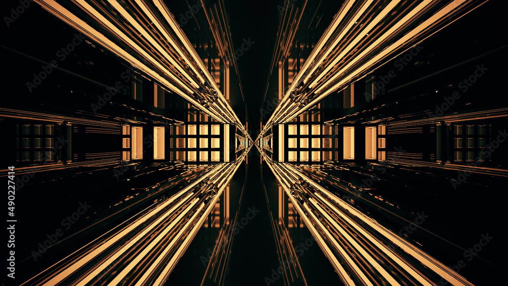 Fototapeta premium 3D rendering of a futuristic kaleidoscopic x shaped sci-fi corridor illuminated with golden lights