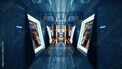 3D rendering of a futuristic kaleidoscopic sci-fi tunnel illuminated with blue lights
