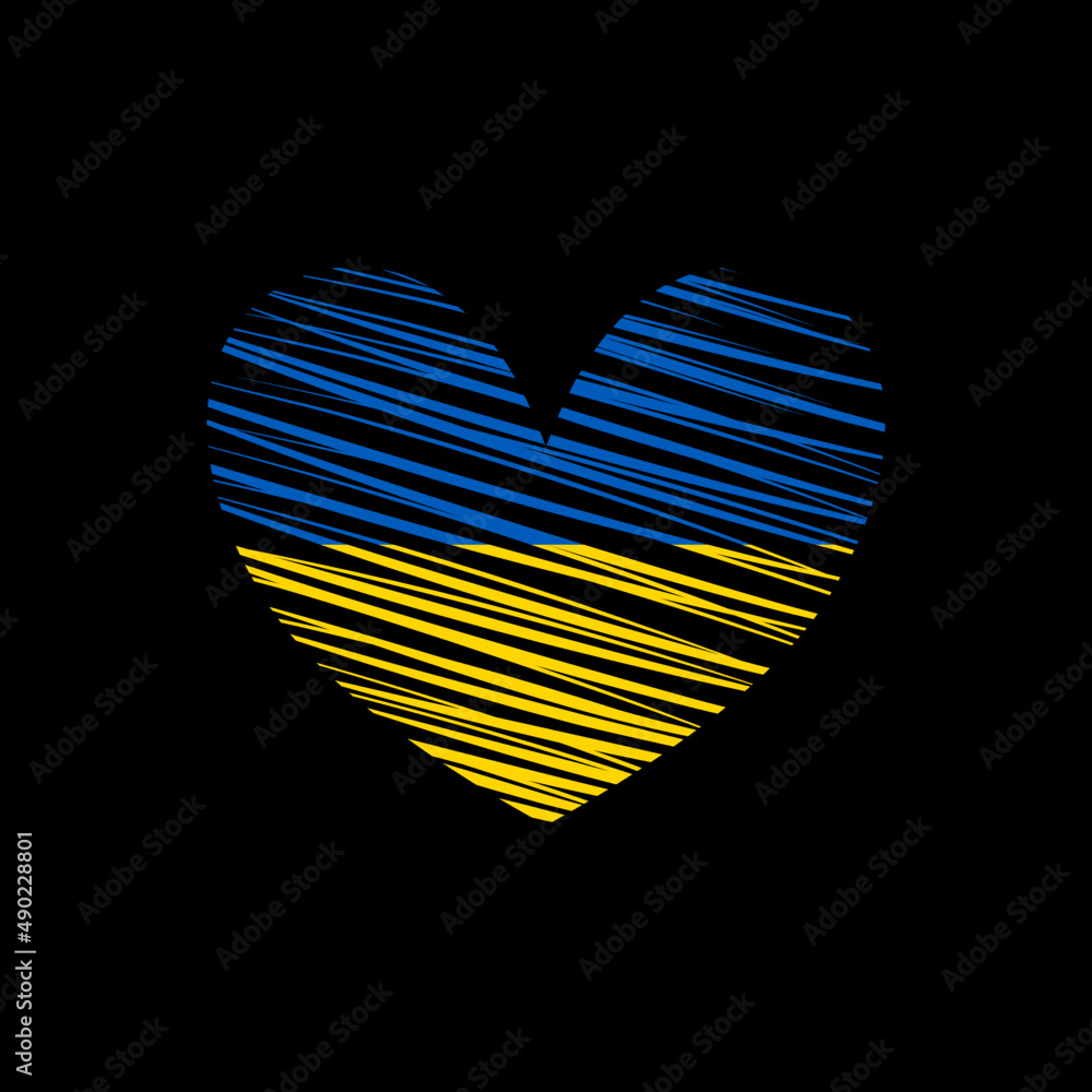Serce pomalowane w barwy Ukraińskiej flagi na czarnym tle. Wsparcie dla Ukrainy. Ilustracja wektorowa. - obrazy, fototapety, plakaty 
