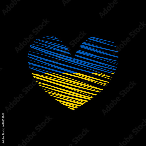 Serce pomalowane w barwy Ukraińskiej flagi na czarnym tle. Wsparcie dla Ukrainy. Ilustracja wektorowa.