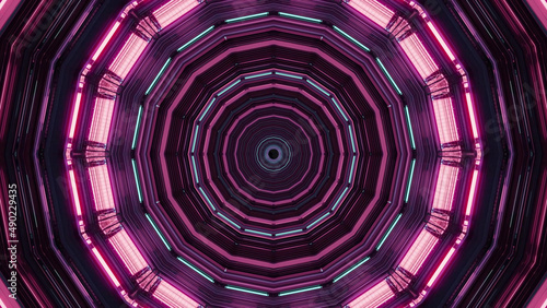 3D illustration of a round shaped sci-fi tunnel enlightened by pink outlines