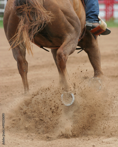 Back view of a galloping horse at rodeo photo