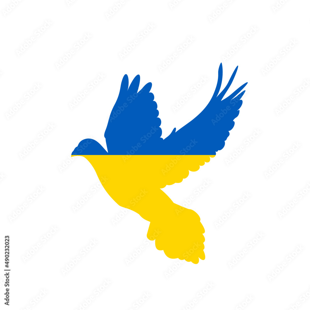 Wzlatujący ptak w barwach Ukraińskiej flagi. Gołąbek pokoju. Powiedz "NIE" wojnie. Modlitwa za Ukrainę. - obrazy, fototapety, plakaty 