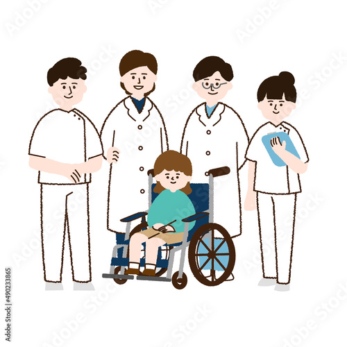 車椅子に座る女の子と医療従事者