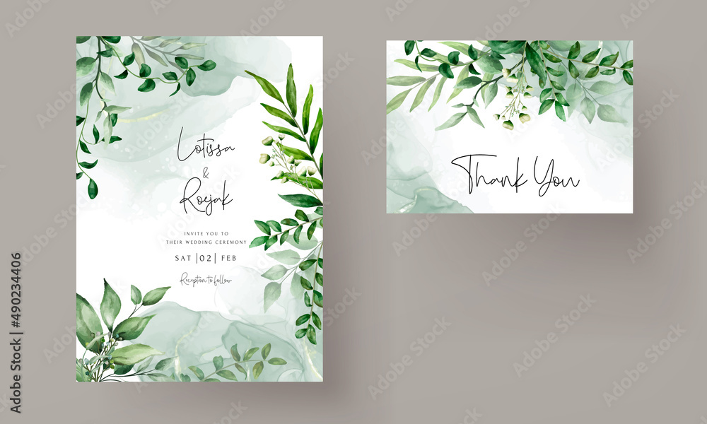elegant hand drawn greenery leaves watercolor wedding invitation card