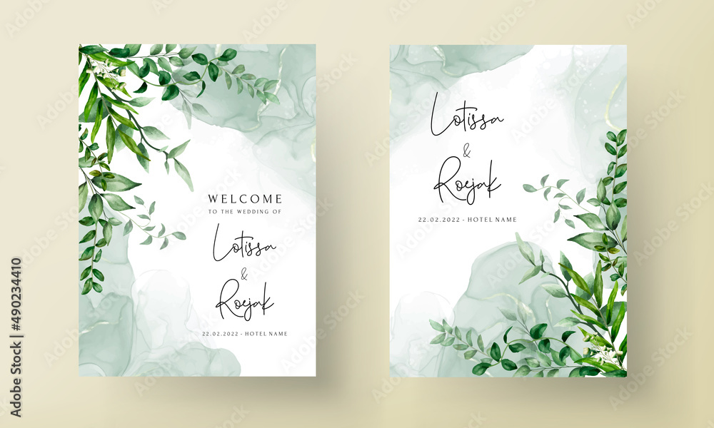 elegant hand drawn greenery leaves watercolor wedding invitation card