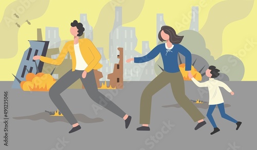 People are fleeing the bombings. Mom, dad and son. Military operations in Ukraine. Explosions, bombs, fires. City on fire. The concept of the threat of war. Vector flat style. Banner, poster. Stop war