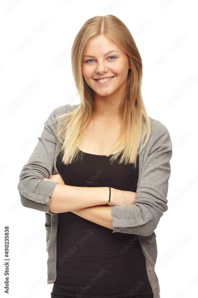 Young and confident. Studio shot of a beautiful young woman isolated on white. Young and confident. Studio shot of a beautiful young woman isolated on white.