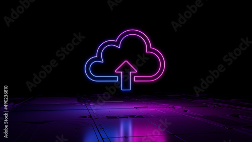 Pink and Blue Data storage Technology Concept with cloud upload symbol as a neon light. Vibrant colored icon, on a black background with high tech floor. 3D Render