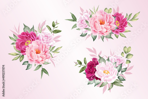 Fototapeta Naklejka Na Ścianę i Meble -  Watercolor Floral Arrangement collection with Hand Drawn Flower and Leaves