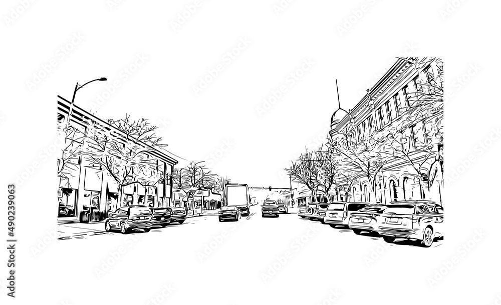 Building view with landmark of Missoula is a city in western Montana.  Hand drawn sketch illustration in vector.