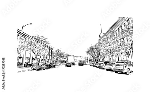 Building view with landmark of Missoula is a city in western Montana. Hand drawn sketch illustration in vector.
