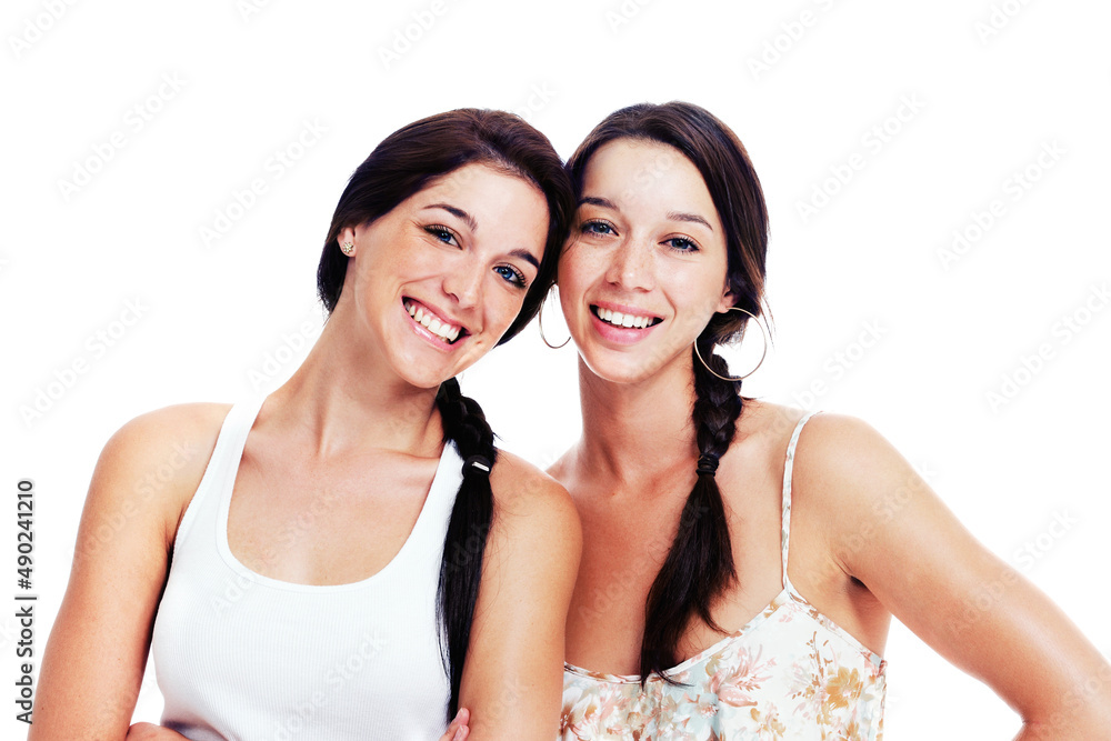 Best friends for life. Two happy teen girlfriends posing for the camera, isolated on white - copyspace. Best friends for life. Two happy teen girlfriends posing for the camera, isolated on white - copyspace.