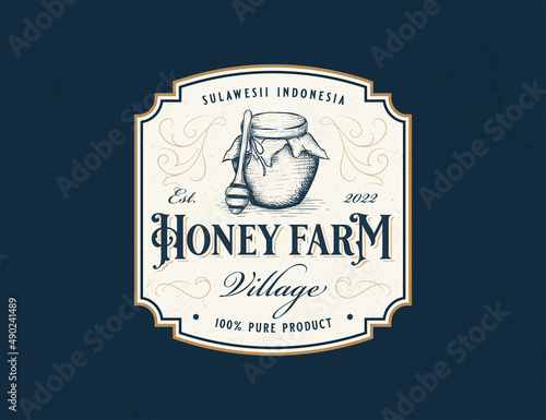 Classic hand drawn honey farm logo template.