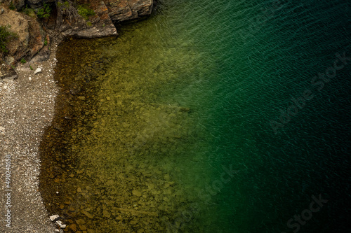 Gradient of Rocky Beach Browns Fade To Navy Blue Lake Water