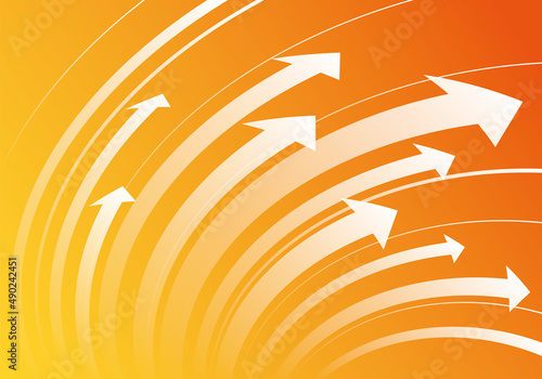 上昇する曲線の矢印で構成した鮮やかなオレンジ色のグラデーションの背景イラスト