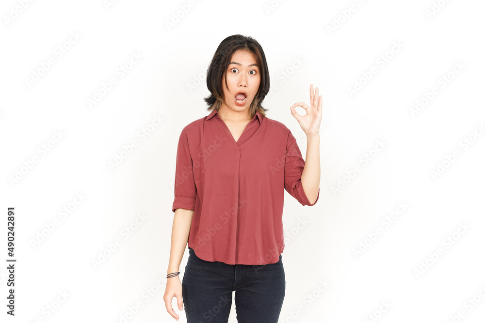 Showing OK Sign Of Beautiful Asian Woman Isolated On White Background Showing OK Sign Of Beautiful Asian Woman Isolated On White Background