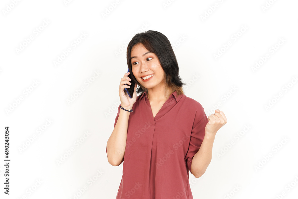 Receive a call with good news Of Beautiful Asian Woman Isolated On White Background Receive a call with good news Of Beautiful Asian Woman Isolated On White Background