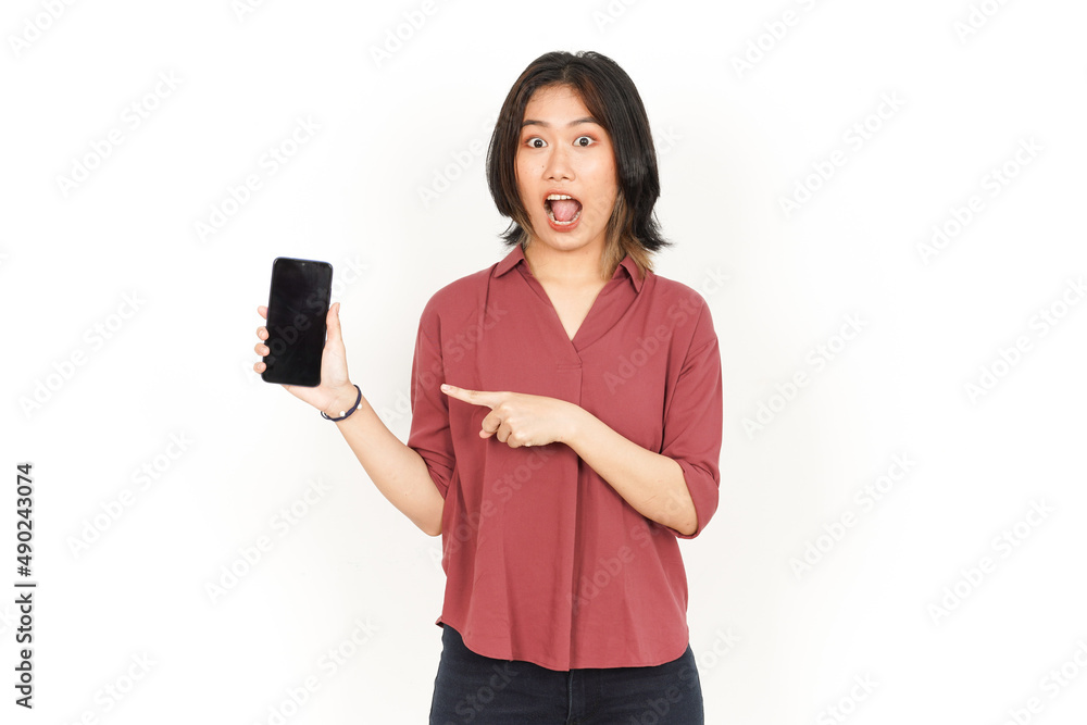 Naklejka premium Showing and Presenting Apps or Ads On Blank Screen Smartphone Of Beautiful Asian Woman