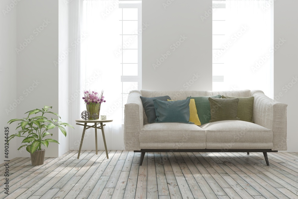 Fototapeta premium Modern living room in white color with sofa. Scandinavian interior design. 3D illustration