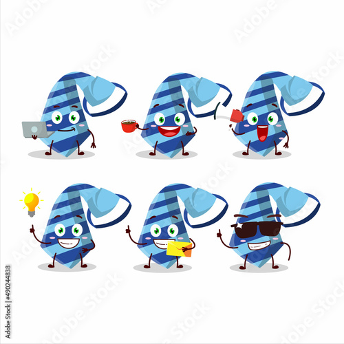 Blue tie cartoon character with various types of business emoticons