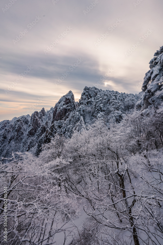 Sunrise view at Yellow mountain during snow time, Anhui province, China.