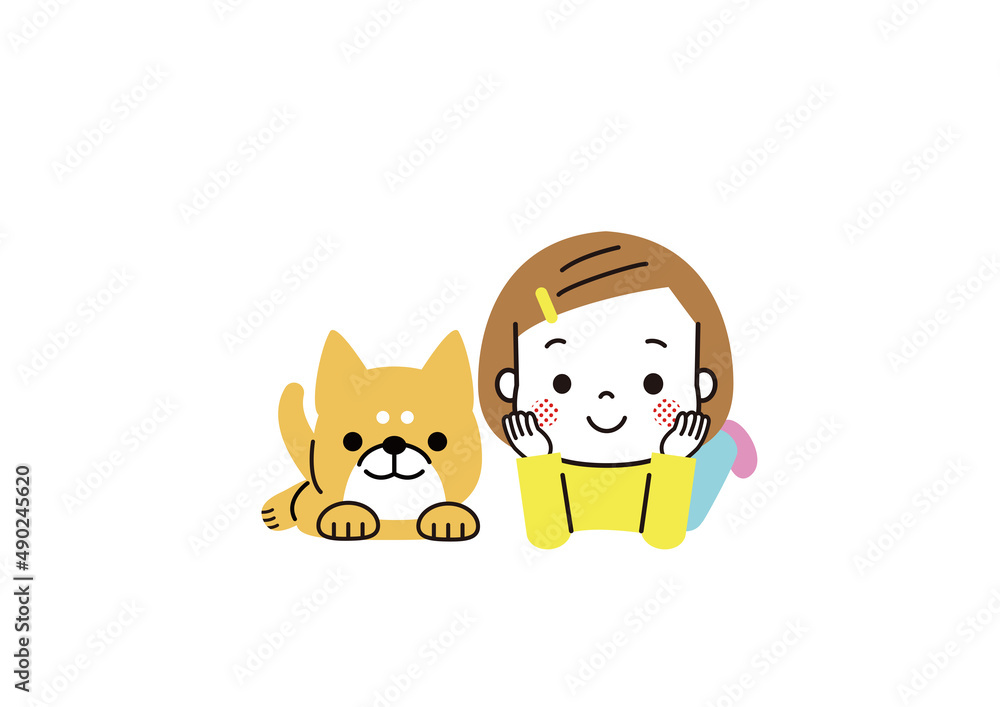 Obraz premium うつぶせで寝転ぶ女の子と柴犬