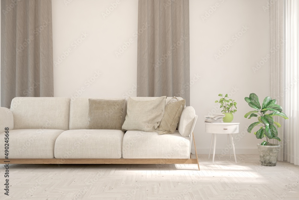 Fototapeta premium White living room with sofa. Scandinavian interior design. 3D illustration
