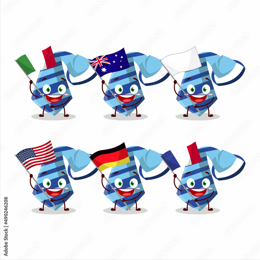 Blue tie cartoon character bring the flags of various countries Blue tie cartoon character bring the flags of various countries