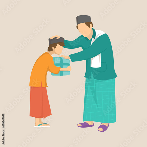 Marhaban ya Ramadhan, image of a person giving alms to orphans