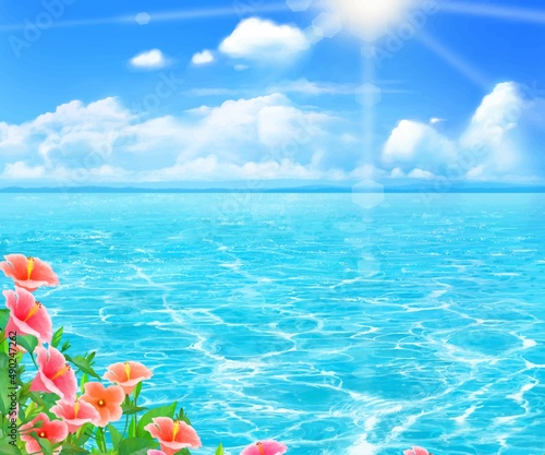 太陽の光差し込む青い空の下、美しい海沿いハイビスカスの咲く夏のおしゃれフレーム背景素材